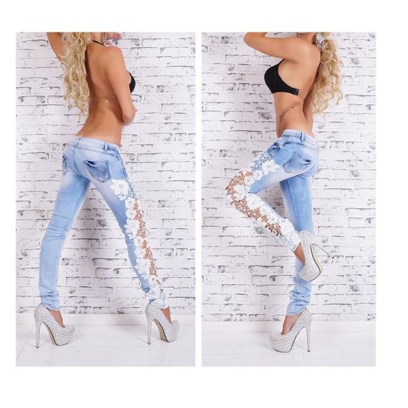 Faded Mid Rise Skinny Jeans with see through side lace Skinny Jeans - Picture 3 of 7